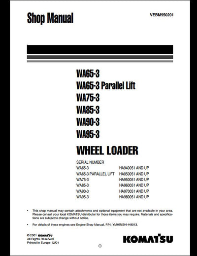 Komatsu WA65-3 WA75-3 WA85-3 WA90-3 WA95-3 Wheel Loader Service Repair Shop Manual