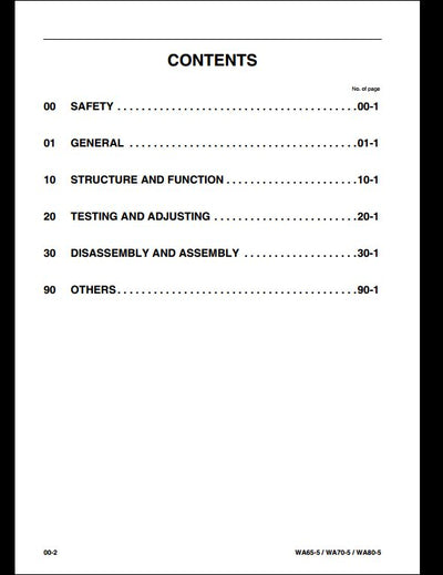 Komatsu WA65-5 WA70-5 WA80-5 Wheel Loader Service Repair Shop Manual