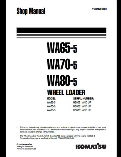Komatsu WA65-5 WA70-5 WA80-5 Wheel Loader Service Repair Shop Manual