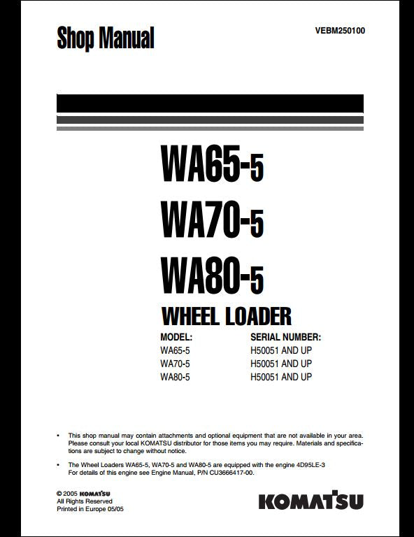 Komatsu WA65-5 WA70-5 WA80-5 Wheel Loader Service Repair Shop Manual