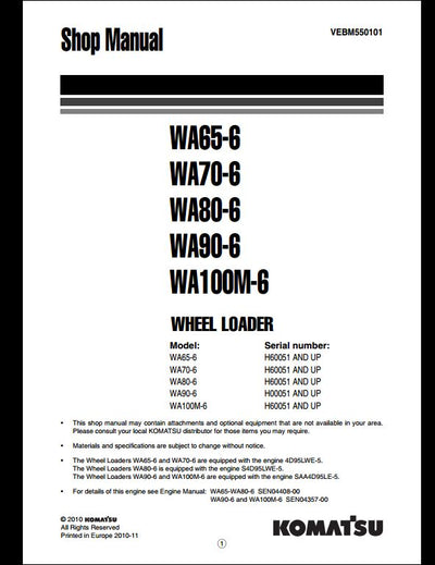 Komatsu WA65-6 WA70-6 WA80-6 WA90-6 WA100M-6 Wheel Loader Service Repair Shop Manual