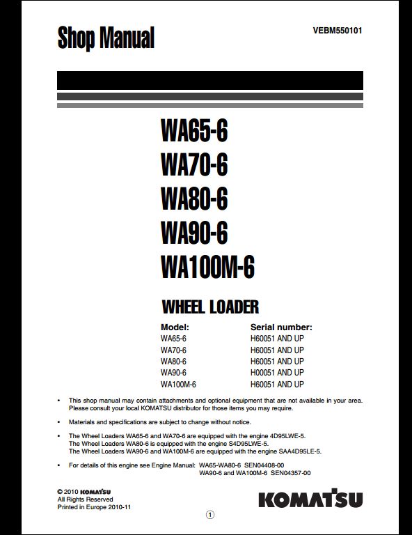 Komatsu WA65-6 WA70-6 WA80-6 WA90-6 WA100M-6 Wheel Loader Service Repair Shop Manual