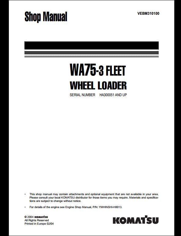 Komatsu WA75-3 FLEET Wheel Loader Service Repair Shop Manual