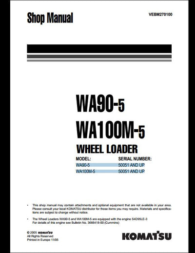 Komatsu WA90-5 WA100M-5 Wheel Loader Service Repair Shop Manual