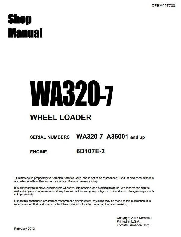 Komatsu Wheel Loader WA320-7 USA and up Workshop Service Repair Manual