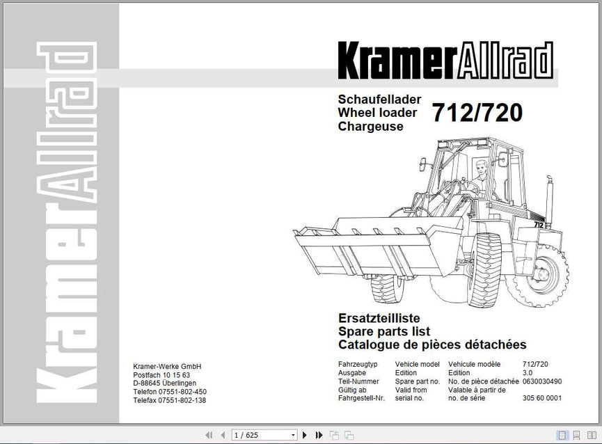 Kramer Wheel Loader 712 720 Parts Manual