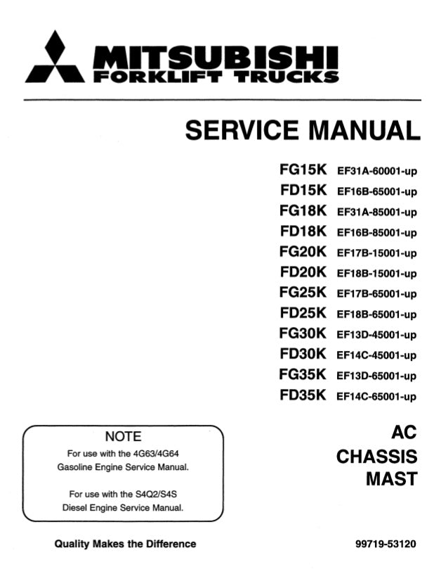 Mitsubishi FD15K, FD18K, FD20K, FD25K, FD30K, FD35K Diesel Forklift Truck Workshop Service Repair Manual Mitsubishi FD15K, FD18K, FD20K, FD25K, FD30K, FD35K Diesel Forklift Truck Workshop Service Repair Manual