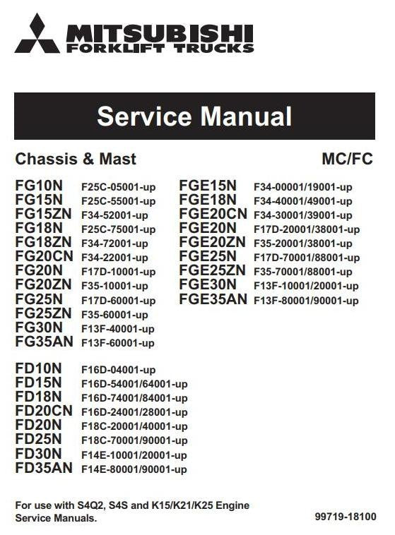 Mitsubishi FGE15N, FGE18N, FGE20N/CN/ZN, FGE25N/ZN, FGE30N, FGE35AN Forklift Truck Service Repair Manual