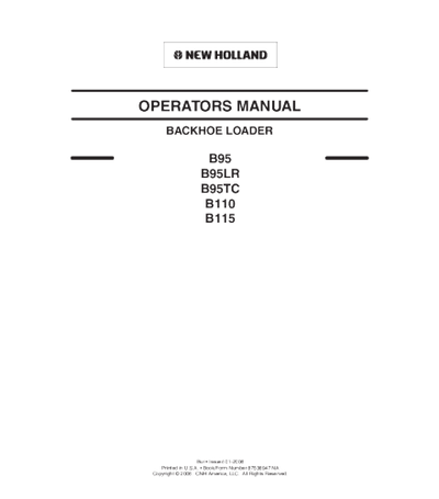 NEW HOLLAND B95, B95LR, B95TC, B110, B115 BACKHOE LOADER OPERATOR'S MANUAL