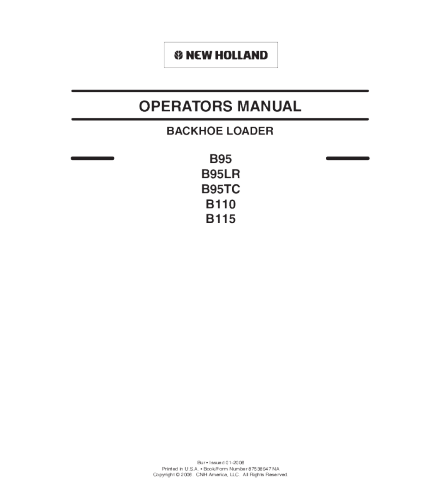 NEW HOLLAND B95, B95LR, B95TC, B110, B115 BACKHOE LOADER OPERATOR'S MANUAL