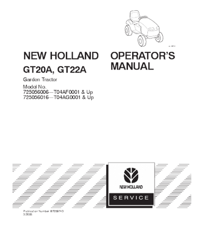 NEW HOLLAND FORD GT20A, GT22A GARDEN TRACTOR OPERATOR'S MANUAL
