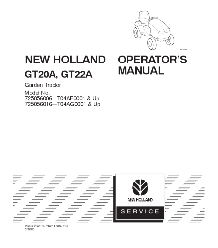 NEW HOLLAND FORD GT20A, GT22A GARDEN TRACTOR OPERATOR'S MANUAL