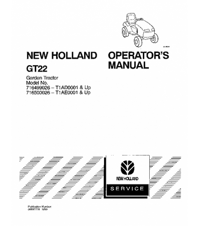 NEW HOLLAND FORD GT22 GARDEN TRACTOR OPERATOR'S MANUAL