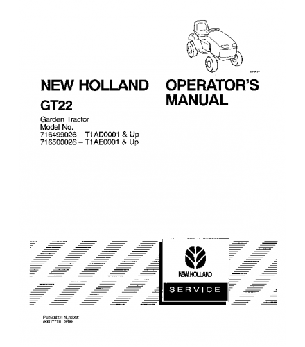 NEW HOLLAND FORD GT22 GARDEN TRACTOR OPERATOR'S MANUAL