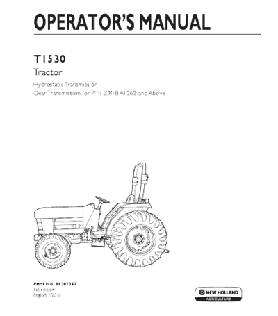 NEW HOLLAND T1530 TRACTOR OPERATOR'S MANUAL