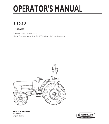 NEW HOLLAND T1530 TRACTOR OPERATOR'S MANUAL