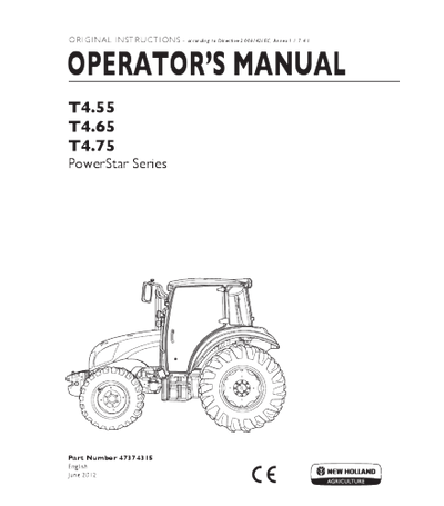 NEW HOLLAND T4.55, T4.65, T4.75 POWERSTAR SERIES TRACTOR OPERATOR'S MANUAL