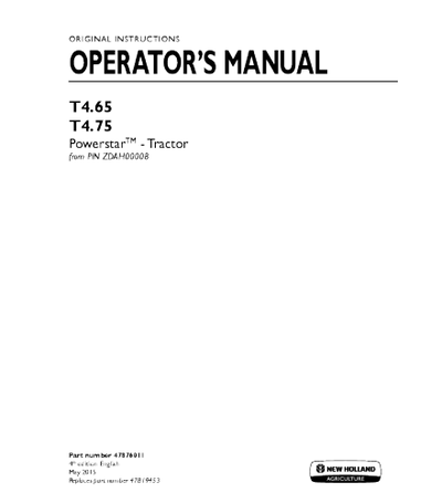 NEW HOLLAND T4.65, T4.75 POWERSTAR TRACTOR OPERATOR'S MANUAL