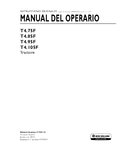 NEW HOLLAND T4.75F, T4.85F, T4.95F, T4.105F TRACTOR OPERATOR'S MANUAL