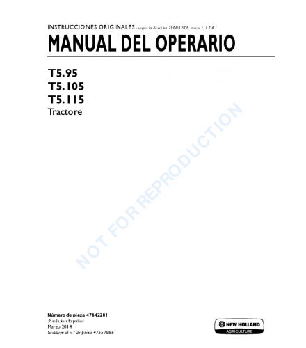 NEW HOLLAND T5.95, T5.105, T5.115 TRACTOR OPERATOR'S MANUAL