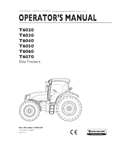 NEW HOLLAND T6020, T6030, T6040, T6050, T6060, T6070 ELITE TRACTOR OPERATOR'S MANUAL