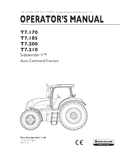 NEW HOLLAND T7.170, T7.185, T7.200, T7.210 SIDEWINDER II TRACTOR OPERATOR'S MANUAL