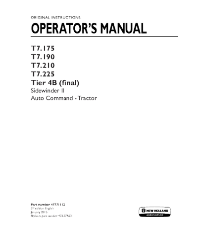 NEW HOLLAND T7.175, T7.190, T7.210, T7.225 TIER 4B FINAL TRACTOR OPERATOR'S MANUAL