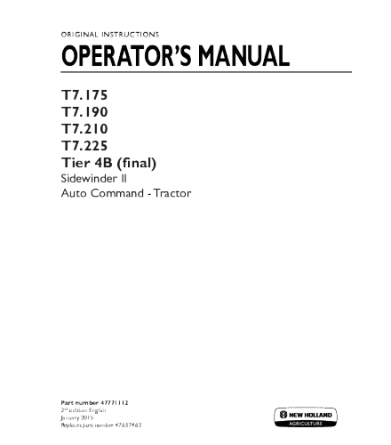 NEW HOLLAND T7.175, T7.190, T7.210, T7.225 TIER 4B FINAL TRACTOR OPERATOR'S MANUAL