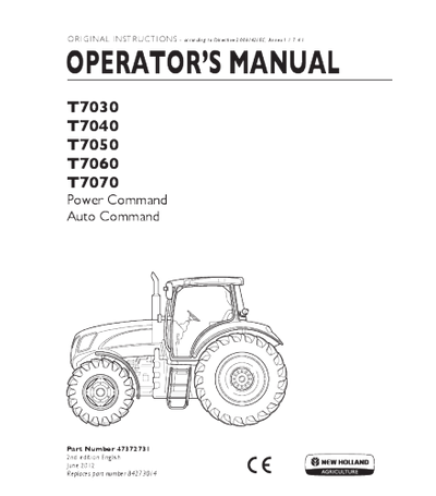 NEW HOLLAND T7030, T7040, T7050, T7060, T7070 POWER & AUTO COMMAND TRACTOR OPERATOR'S MANUAL