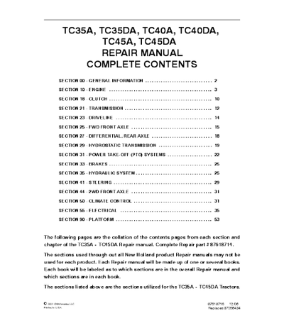 NEW HOLLAND TC35A, TC35DA, TC40A, TC40DA, TC45A, TC45DA TRACTOR SERVICE REPAIR TECHNICAL MANUAL