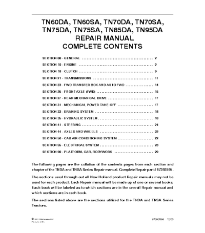 NEW HOLLAND TN60DA, TN60SA, TN70DA, TN70SA, TN75DA, TN75SA, TN85DA, TN95DA TRACTOR SERVICE REPAIR MANUAL