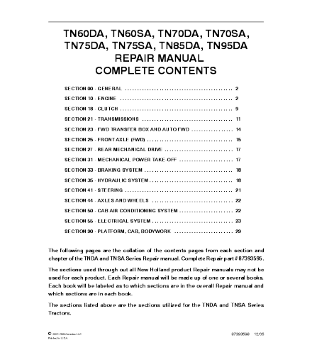 NEW HOLLAND TN60DA, TN60SA, TN70DA, TN70SA, TN75DA, TN75SA, TN85DA, TN95DA TRACTOR SERVICE REPAIR MANUAL
