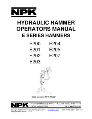 NPK E200, E201, E202, E203, E204, E205, E207 E-Sereis Hydraulic Hammer Operator Manual Download