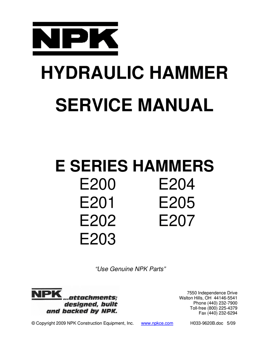 NPK E200, E201, E202, E203, E204, E205, E207 E-Sereis Hydraulic Hammer Service Manual Download