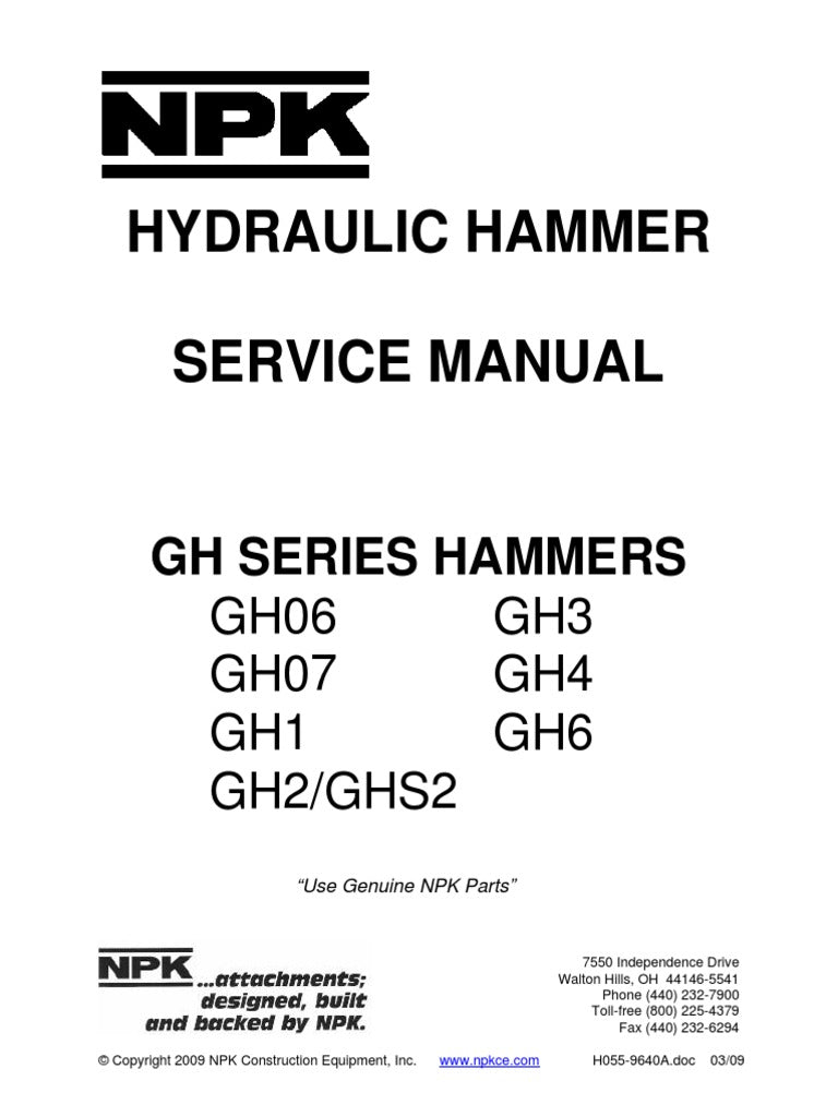 NPK GH06, GH07, GH1, GH2, GHS2, GH3, GH4, GH6 GH-Series Hydraulic Hammer Service Manual Download
