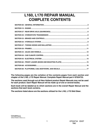 New Holland 160L, 170L Skid Steer Loader Service Repair Manual 87634733NA