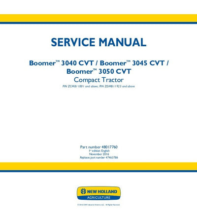 New Holland 3040 CVT 3045 CVT 3050 CVT Compact Tractor Service Repair Manual 48017760
