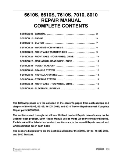 New Holland 5610S 6610S 7610S 7010 8010 Tractor Service Repair Manual 87032901