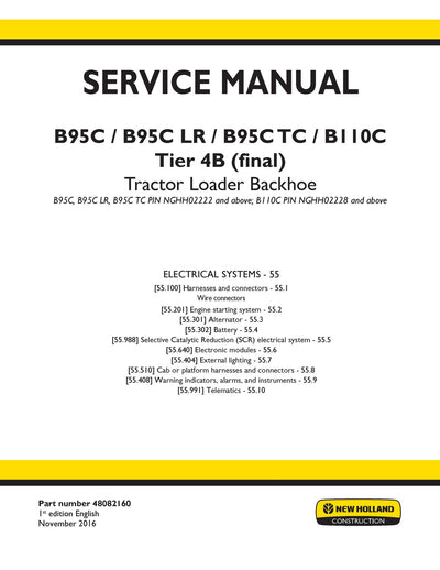 New Holland B95C, B95C LR, B95C TC, B110C Tier 4B (final) Tractor Loader Backhoe Service Repair Manual 48082160