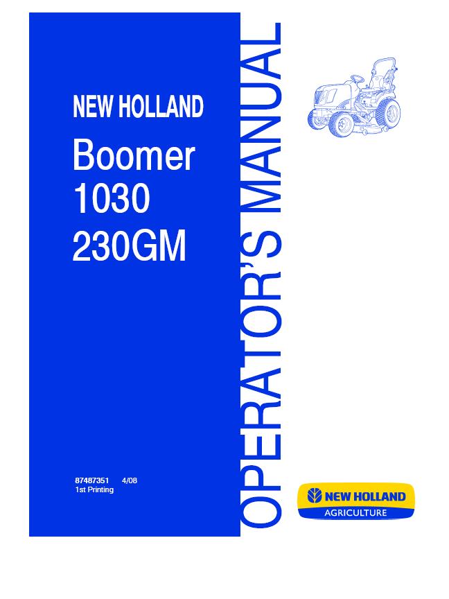 New Holland Boomer 1030 (230GM) Tractor Operator's Manual 87487351 