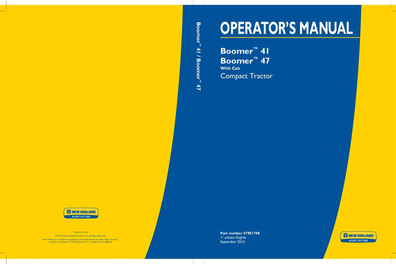New Holland Boomer 41 Boomer 47 (With Cab) Compact Tractor Operator's Manual 47901748