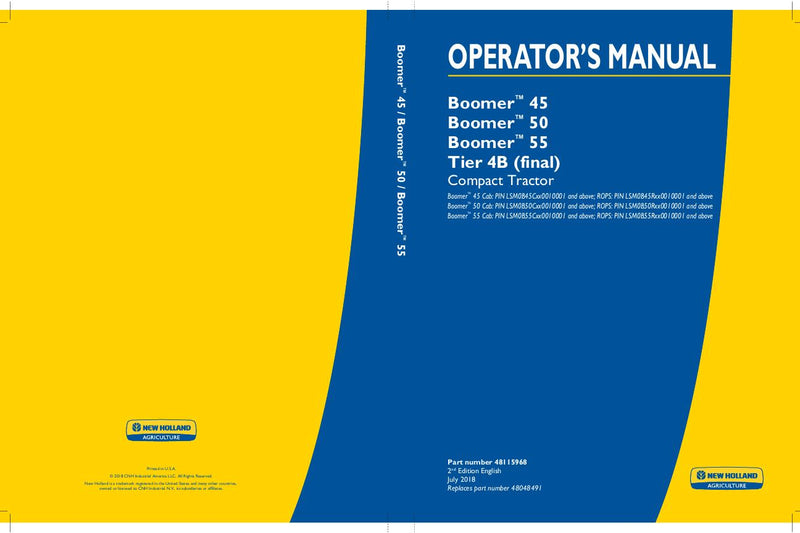 New Holland Boomer 45 Boomer 50 Boomer 55 Tier 4B (final) Compact Tractor Operator's Manual 48115968