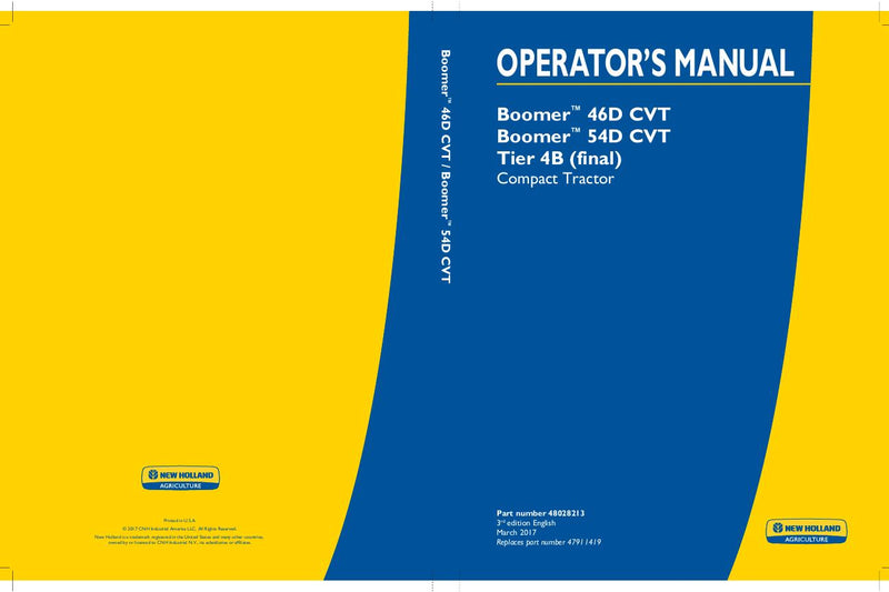  New Holland Boomer 46D CVT Boomer 54D CVT Tier 4B (final) Compact Tractor Operator's Manual 48028213