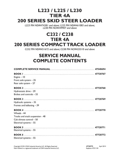 New Holland C232 C238 TIER 4A 200 SERIES COMPACT TRACK LOADER Service Repair Manual 47720775