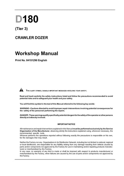 New Holland D180 (Tier 3) CRAWLER DOZER Service Repair Manual 84151290