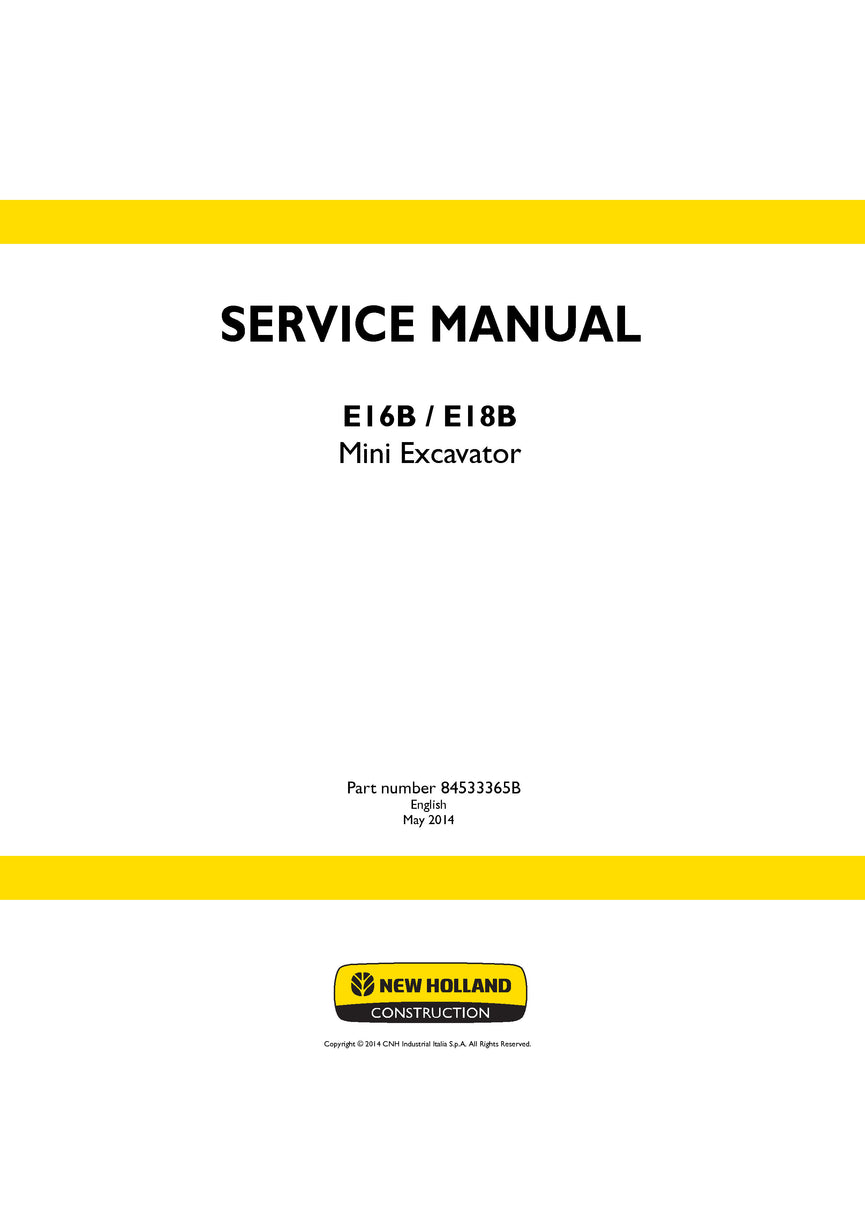 New Holland E16B, E18B Mini Crawler Excavator Service Repair Manual 84533365B
