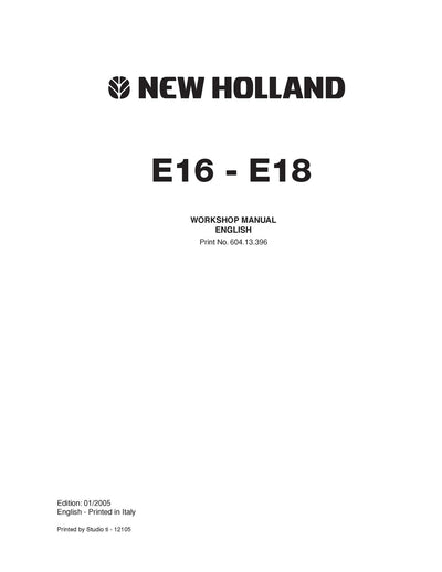 New Holland E16 E18 Mini Crawler Excavator Service Repair Manual 60413396