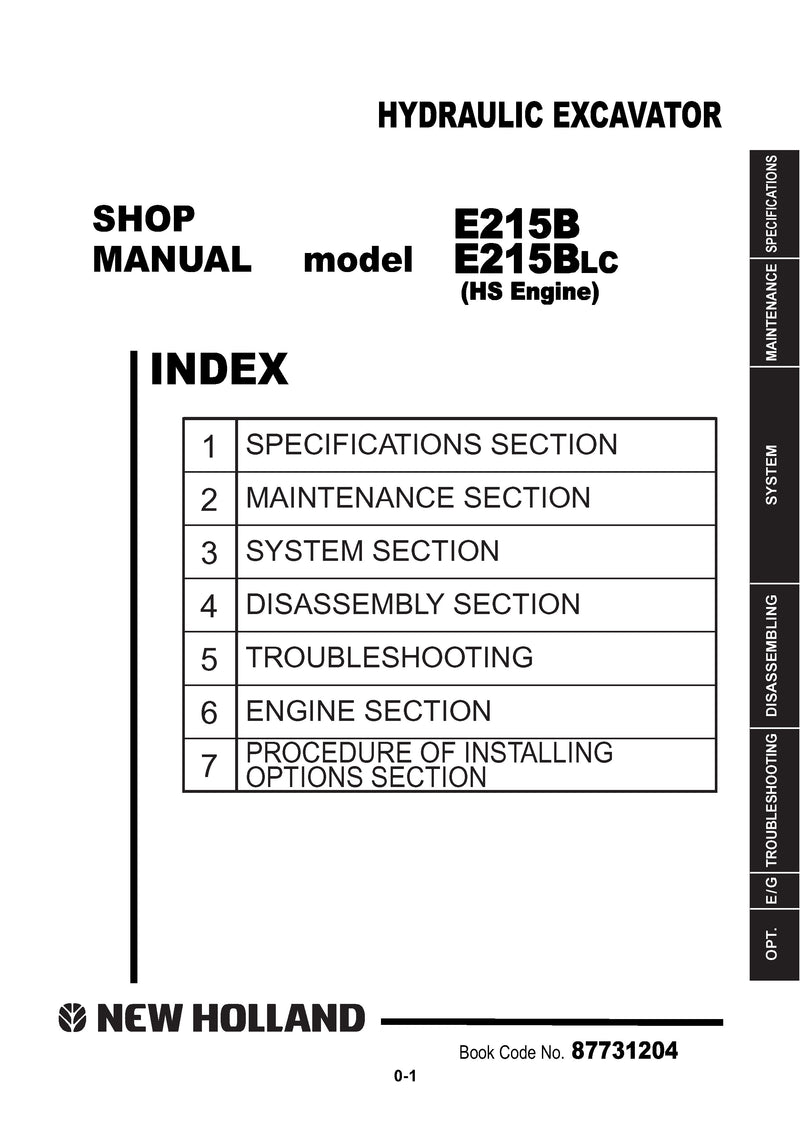 New Holland E215B, E215BLC Crawler Excavator Service Repair Manual (Engine HINO J05E-TA) 87731204