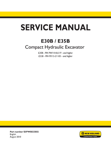 New Holland E30BSR, E35BSR COMPACT CRAWLER EXCAVATOR TIER 4 Service Repair Manual S5PW0033E02