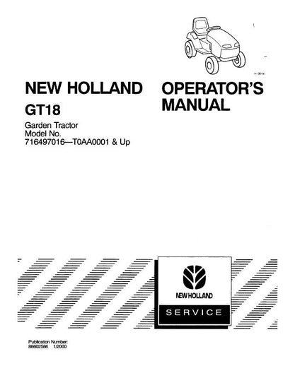 New Holland GT18 Garden Tractor Operator’s Manual 86602566 